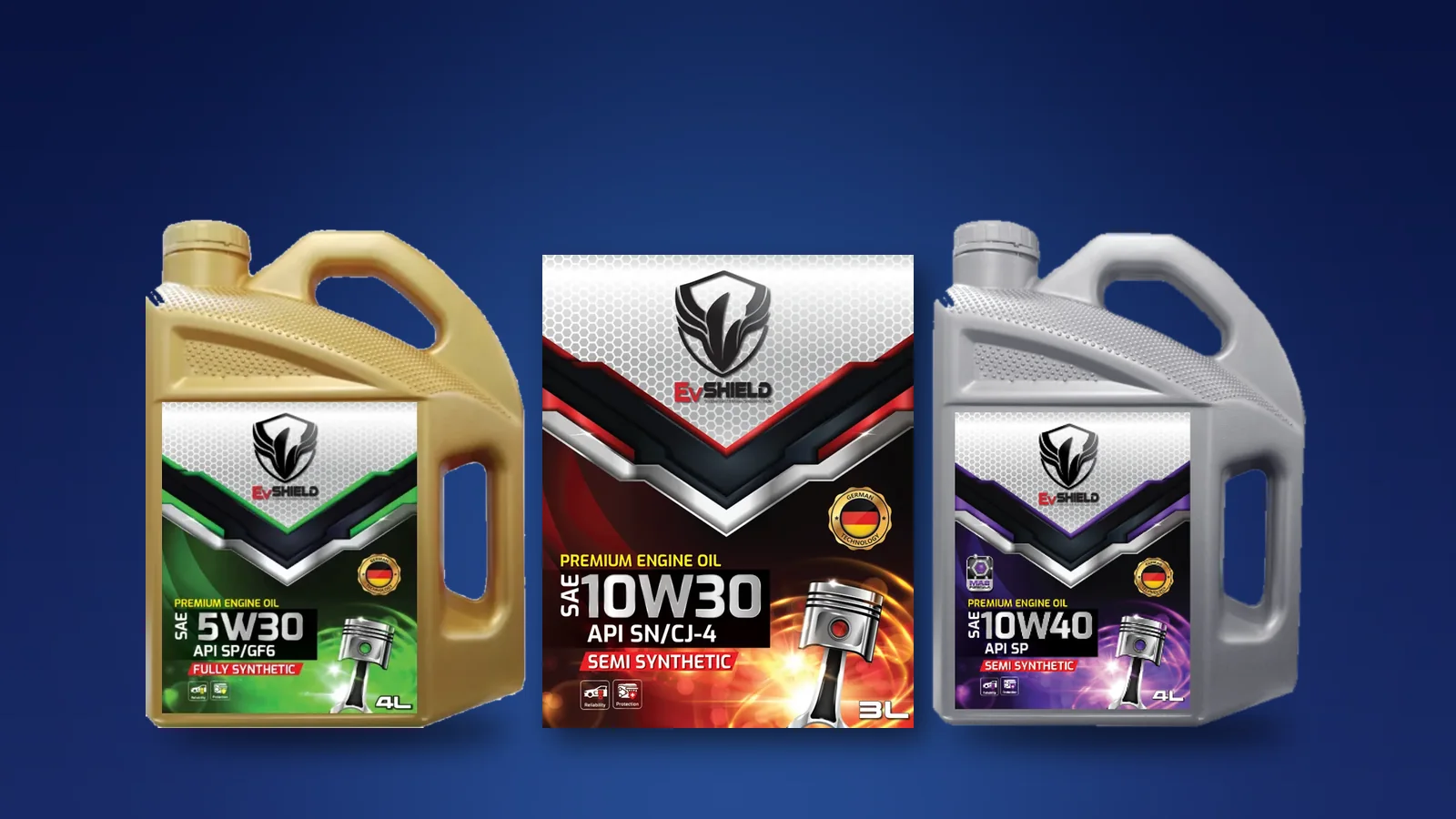 EVShield 5W-30, 10W-30 and 10W-40 engine oils